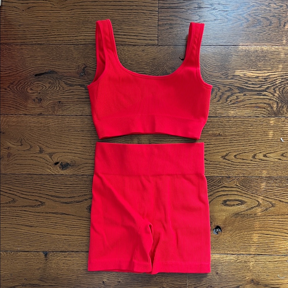 Red Ribbed Crop Top and Shorts Set
